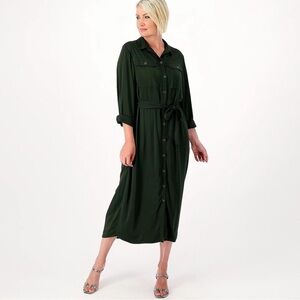 Side Stitch Los Angeles Long Sleeve Button Front Maxi Dress in Dark Green Size L